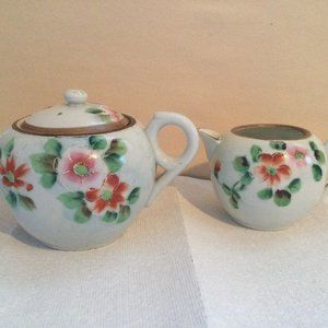 Vintage antique hand painted Nippon teapot and milk jar floral damaged